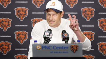 Chicago Bears head coach Ben Johnson speaks during training camp at Halas Hall.