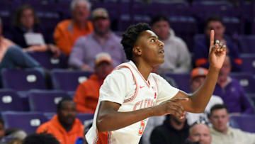 Clemson Tigers guard Zac Foster (5) celebrates after making a basket Tuesday, Nov. 11, 2025, during the NCAA men’s basketball game against the Morehead State Eagles at Littlejohn Coliseum in Clemson, South Carolina.