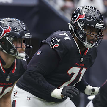 Oct 27, 2024; Houston, Texas, USA; Houston Texans offensive tackle Tytus Howard (71) in action during the game against the Indianapolis Colts at NRG Stadium. Mandatory Credit: Troy Taormina-Imagn Images