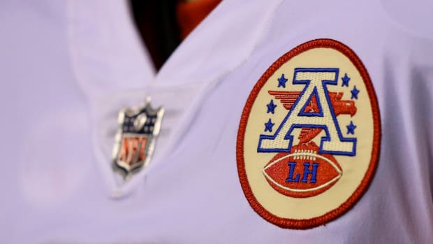 A close-up shot of the "A" logo patch on a Kansas City Chiefs jersey.