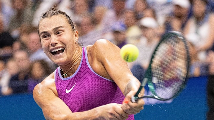 Aryna Sabalenka hits to Jessica Pegula in the women's U.S. Open singles final on Sept. 7, 2024.