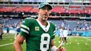 New York Jets quarterback Aaron Rodgers (8) exits the field after the Jets beat the Tennessee Titans 24-17 at Nissan Stadium in Nashville, Tenn., Sunday, Sept. 15, 2024.