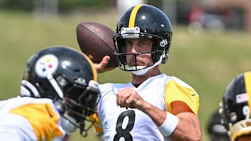Jul 25, 2025; Pittsburgh, PA, USA; Pittsburgh Steelers quarterback Aaron Rodgers (8) participates in drills during training camp at Saint Vincent College. Mandatory Credit: Barry Reeger-Imagn Images