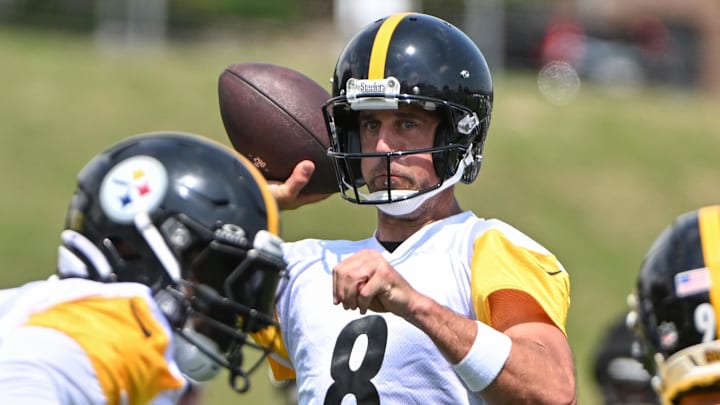 Jul 25, 2025; Pittsburgh, PA, USA; Pittsburgh Steelers quarterback Aaron Rodgers (8) participates in drills during training camp at Saint Vincent College. Mandatory Credit: Barry Reeger-Imagn Images