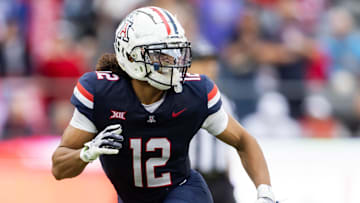Nov 22, 2025; Tucson, Arizona, USA; Arizona Wildcats defensive back Genesis Smith (12) against the Baylor Bears at Casino Del Sol Stadium. Mandatory Credit: Mark J. Rebilas-Imagn Images