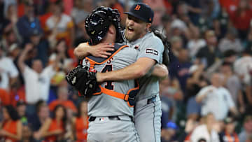 Oct 2, 2024; Houston, Texas, USA; Detroit Tigers pitcher Will Vest (19) and catcher Jake Rogers (34) celebrate after defeating the Houston Astros in game two of the Wildcard round for the 2024 MLB Playoffs at Minute Maid Park. Mandatory Credit: Thomas Shea-Imagn Images