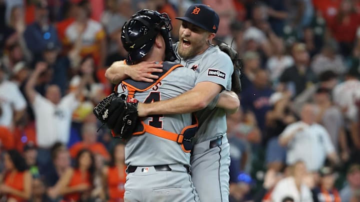 Oct 2, 2024; Houston, Texas, USA; Detroit Tigers pitcher Will Vest (19) and catcher Jake Rogers (34) celebrate after defeating the Houston Astros in game two of the Wildcard round for the 2024 MLB Playoffs at Minute Maid Park. Mandatory Credit: Thomas Shea-Imagn Images