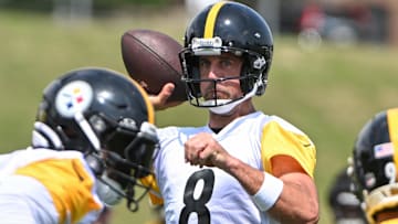 Jul 25, 2025; Pittsburgh, PA, USA; Pittsburgh Steelers quarterback Aaron Rodgers (8) participates in drills during training camp at Saint Vincent College. Mandatory Credit: Barry Reeger-Imagn Images