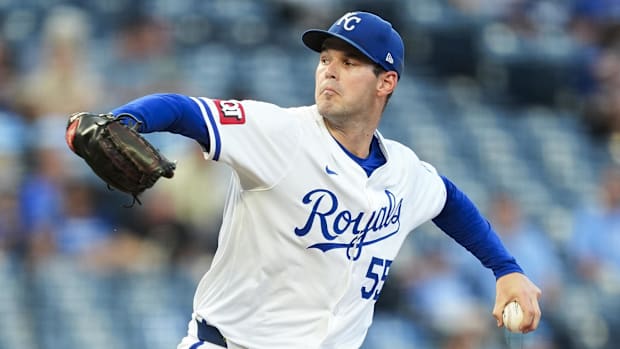 Kansas City Royals starting pitcher Cole Ragans (55) pitches during the first inning of a game against the Detroit Tigers.