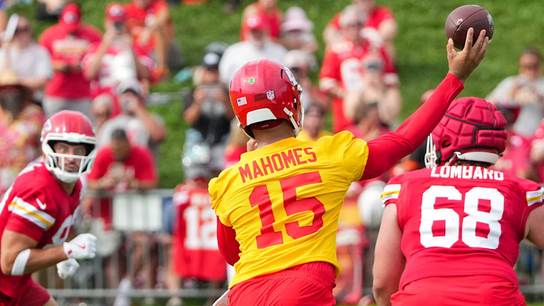 Jul 22, 2025; St. Joseph, MO, USA; Kansas City Chiefs quarterback Patrick Mahomes (15) throws a pass during training camp at Missouri Western State University. Mandatory Credit: Denny Medley-Imagn Images