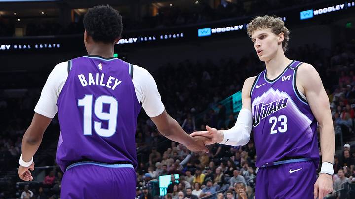 Nov 13, 2025; Salt Lake City, Utah, USA; Utah Jazz forward Lauri Markkanen (23) and guard Ace Bailey (19) react to a play against the Atlanta Hawks during the second half at Delta Center. Mandatory Credit: Rob Gray-Imagn Images