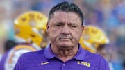 Sep 11, 2021; Baton Rouge, Louisiana, USA;  LSU Tigers head coach Ed Orgeron looks on during the first half against McNeese State Cowboys at Tiger Stadium. Mandatory Credit: Stephen Lew-Imagn Images