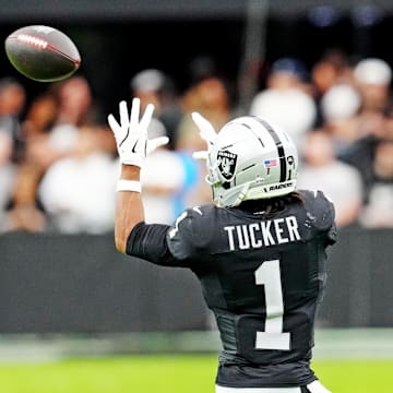 Oct 12, 2025; Paradise, Nevada, USA; Las Vegas Raiders wide receiver Tre Tucker (1) makes a catch during the first half against the Tennessee Titans at Allegiant Stadium. Mandatory Credit: Stephen R. Sylvanie-Imagn Images