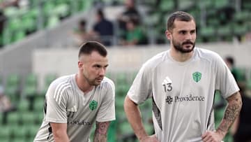 Sep 21, 2025; Austin, Texas, USA; Seattle Sounders FC midfielder Albert Rusnak (11) and forward Jordan Morris (13) warm up before the game against Austin FC at Q2 Stadium. Mandatory Credit: Dustin Safranek-Imagn Images