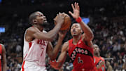 Oct 29, 2025; Toronto, Ontario, CAN; Houston Rockets forward Kevin Durant (7) goes up to make a basket against Toronto Raptors guard Scottie Barnes (4) during the second half at Scotiabank Arena. Mandatory Credit: John E. Sokolowski-Imagn Images