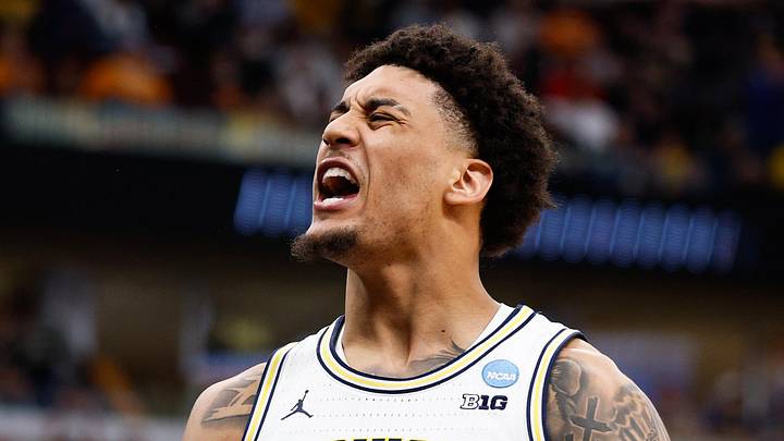 Michigan Wolverines forward Yaxel Lendeborg (23) reacts in the second half against the Tennessee Volunteers during an Elite Eight game of the Midwest Regional of the men's 2026 NCAA Tournament at United Center on March 29, 2026.