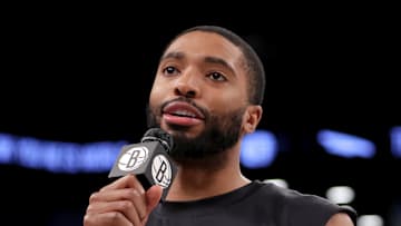 Apr 10, 2024; Brooklyn, New York, USA; Brooklyn Nets forward Mikal Bridges (1) addresses the fans before the team's final home game against the Toronto Raptors at Barclays Center. Mandatory Credit: Brad Penner-USA TODAY Sports