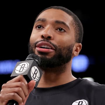 Apr 10, 2024; Brooklyn, New York, USA; Brooklyn Nets forward Mikal Bridges (1) addresses the fans before the team's final home game against the Toronto Raptors at Barclays Center. Mandatory Credit: Brad Penner-Imagn Images