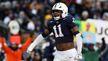 Nov 30, 2024; University Park, Pennsylvania, USA; (Editors Notes: Caption Correction) Penn State Nittany Lions defensive end Abdul Carter (11) reacts after sacking Maryland Terrapins quarterback MJ Morris (not pictured) during the first quarter at Beaver Stadium. Mandatory Credit: Matthew O'Haren-Imagn Images