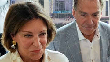 Aug. 6, 2025; Tuscaloosa, AL, USA; Terry and Nick Saban arrive for the groundbreaking ceremony for the Saban Center at the Tuscaloosa River Market.