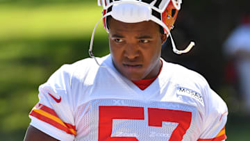 Jul 27, 2019; Kansas City, MO, USA; Kansas City Chiefs outside linebacker Breeland Speaks (57) walks to the field during training camp at Missouri Western State University. Mandatory Credit: Denny Medley-Imagn Images
