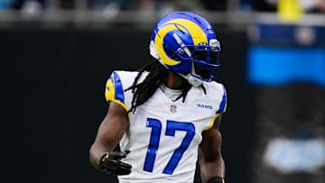 Nov 30, 2025; Charlotte, North Carolina, USA; Los Angeles Rams wide receiver Davante Adams (17) looks on during the first quarter against the Carolina Panthers at Bank of America Stadium. Mandatory Credit: Jim Dedmon-Imagn Images
