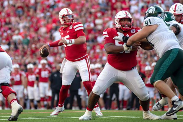 Nebraska quarterback Dylan Raiola (15) leads the Big Ten's best passing offense into Maryland Saturday afternoon.