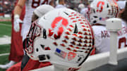Nov 4, 2017; Pullman, WA, USA; Stanford Cardinal helmet sit on the sideline during a game against the Washington State Cougars at Martin Stadium. The Cougars won 24-21.  Mandatory Credit: James Snook-Imagn Images