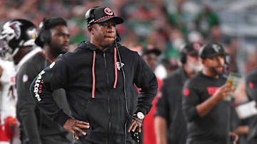 Sep 16, 2024; Philadelphia, Pennsylvania, USA; Atlanta Falcons head coach Raheem Morris on the sidelines against the Philadelphia Eagles at Lincoln Financial Field. Mandatory Credit: Eric Hartline-Imagn Images