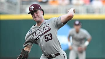 Jun 24, 2024; Omaha, NE, USA;  Texas A&M Aggies pitcher Evan Aschenbeck (53) throws against the Texas A&M Aggies during the seventh inning at Charles Schwab Field Omaha. Mandatory Credit: Steven Branscombe-Imagn Images