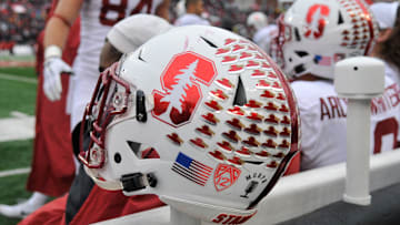 Nov 4, 2017; Pullman, WA, USA; Stanford Cardinal helmet sit on the sideline during a game against the Washington State Cougars at Martin Stadium. The Cougars won 24-21.  Mandatory Credit: James Snook-Imagn Images