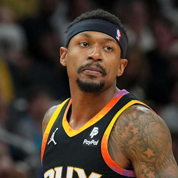 Apr 3, 2024; Phoenix, Arizona, USA; Phoenix Suns guard Bradley Beal (3) looks on against the Cleveland Cavaliers during the first half at Footprint Center. Mandatory Credit: Joe Camporeale-Imagn Images