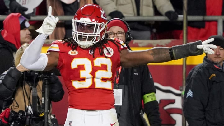 Dec 31, 2023; Kansas City, Missouri, USA; Kansas City Chiefs linebacker Nick Bolton (32) celebrates after a play against the Cincinnati Bengals during the game at GEHA Field at Arrowhead Stadium. Mandatory Credit: Denny Medley-USA TODAY Sports