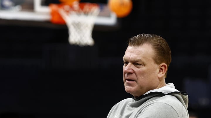 Mar 27, 2024; Boston, MA, USA; Illinois head coach Brad Underwood looks on during practice in preparation for their East semifinal game against Iowa State at TD Garden. Mandatory Credit: Winslow Townson-USA TODAY Sports