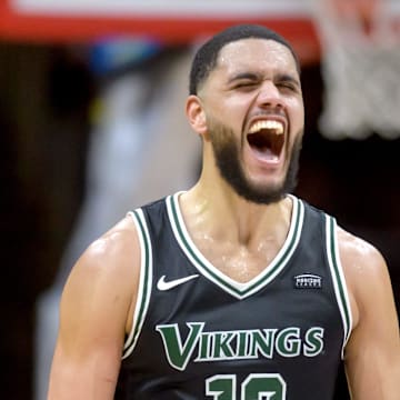 Cleveland State's Tristan Enaruna (13) reacts to his three-pointer against Bradley in the finals minutes of their nonconference basketball game Friday, Dec. 15, 2023 at Carver Arena. The Braves fell to the Vikings 76-69.