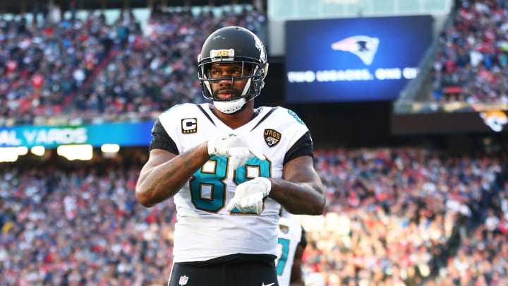 Jan 21, 2018; Foxborough, MA, USA; Jacksonville Jaguars tight end Marcedes Lewis (89) celebrates after scoring a touchdown against the New England Patriots in the AFC Championship Game at Gillette Stadium. Mandatory Credit: Mark J. Rebilas-USA TODAY Sports