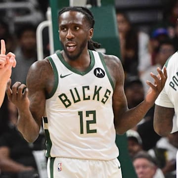 Oct 28, 2025; Milwaukee, Wisconsin, USA: Milwaukee Bucks wing Taurean Prince (12) reacts to a foul call by referee Brandon Schwab in the second quarter at Fiserv Forum. Mandatory Credit: Benny Sieu-Imagn Images