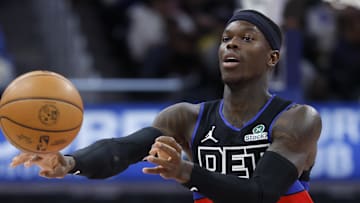 Mar 15, 2025; Detroit, Michigan, USA;  Detroit Pistons guard Dennis Schroder (17) passes in the first half against the Oklahoma City Thunder at Little Caesars Arena. Mandatory Credit: Rick Osentoski-Imagn Images