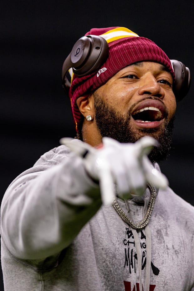 Washington Commanders cornerback Marshon Lattimore during warmups before the game against the New Orleans Saints.