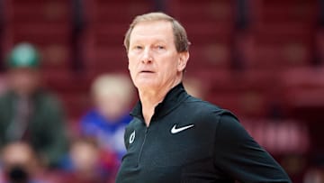 Jan 21, 2023; Stanford, California, USA; Oregon Ducks head coach Dana Altman watches play against the Stanford Cardinal during the first half at Maples Pavilion. Mandatory Credit: Robert Edwards-Imagn Images