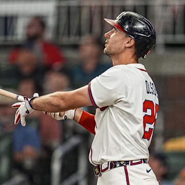 Cumberland, Georgia, USA; Atlanta Braves first baseman Matt Olson (28) hits a home run against the New York Mets during the seventh inning at Truist Park.