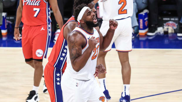 Apr 20, 2024; New York, New York, USA; New York Knicks center Mitchell Robinson (23) after being called for a foul in the fourth quarter against the Philadelphia 76ers in game one of the first round for the 2024 NBA playoffs at Madison Square Garden. Mandatory Credit: Wendell Cruz-USA TODAY Sports