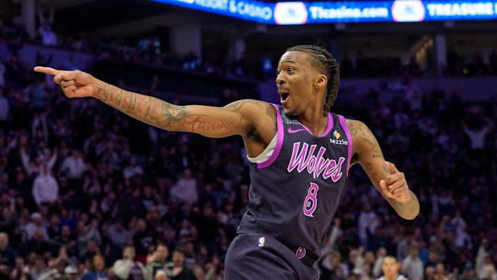 Mar 7, 2026; Minneapolis, Minnesota, USA; Minnesota Timberwolves guard Bones Hyland (8) reacts to a basket against the Orlando Magic in the third quarter at Target Center. Mandatory Credit: Matt Blewett-Imagn Images