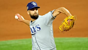Oct 27, 2020; Arlington, Texas, USA; Tampa Bay Rays relief pitcher Nick Anderson (70) pitches during the sixth inning against the Los Angeles Dodgers during game six of the 2020 World Series at Globe Life Field. Mandatory Credit: Kevin Jairaj-Imagn Images