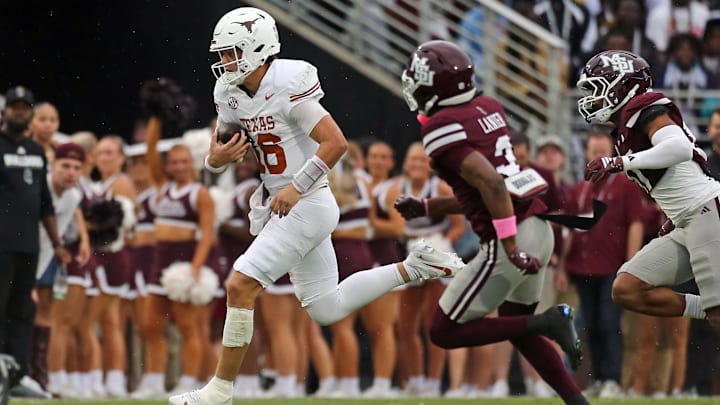 Oct 25, 2025; Starkville, Mississippi, USA; Texas Longhorns quarterback Arch Manning (16) runs the ball during the second quarter against the Mississippi State Bulldogs at Davis Wade Stadium at Scott Field. Mandatory Credit: Petre Thomas-Imagn Images