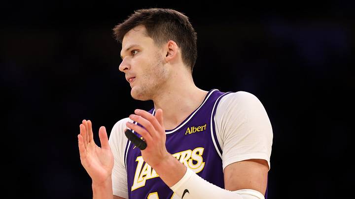 Oct 23, 2026; Los Angeles, California, USA;  Los Angeles Lakers center Walker Kessler (14) reacts during the fourth quarter against the Los Angeles Clippers at Crypto.com Arena. Mandatory Credit: Kiyoshi Mio-Imagn Images