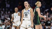 Jun 25, 2024; Belmont Park, New York, USA; New York Liberty guard Sabrina Ionescu (20) celebrates after making a three point shot against the Minnesota Lynx in the second quarter of the Commissioner’s Cup Championship game at UBS Arena. Mandatory Credit: Wendell Cruz-USA TODAY Sports