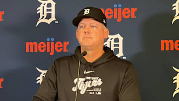 Detroit Tigers manager A.J. Hinch speaks to reporters April 5, 2024, before the home opener at Comerica Park.