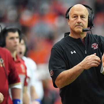 Nov 2, 2019; Syracuse, NY, USA; Boston College Eagles head coach Steve Addazio calls a time-out against the Syracuse Orange during the second quarter at the Carrier Dome. Mandatory Credit: Rich Barnes-USA TODAY Sports