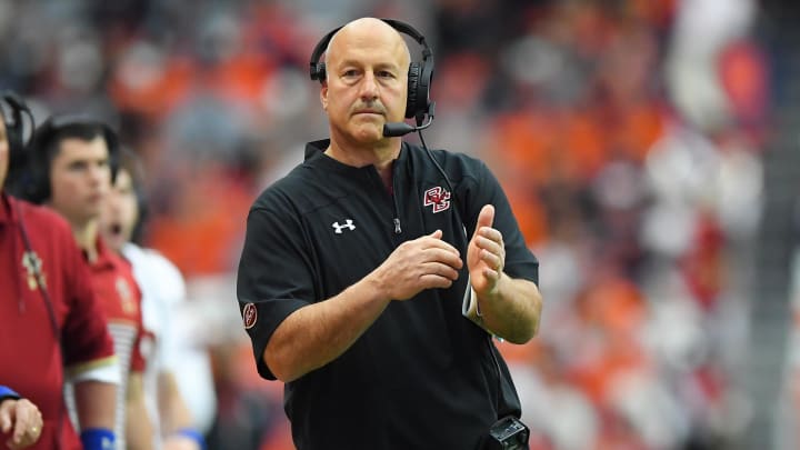 Nov 2, 2019; Syracuse, NY, USA; Boston College Eagles head coach Steve Addazio calls a time-out against the Syracuse Orange during the second quarter at the Carrier Dome. Mandatory Credit: Rich Barnes-USA TODAY Sports